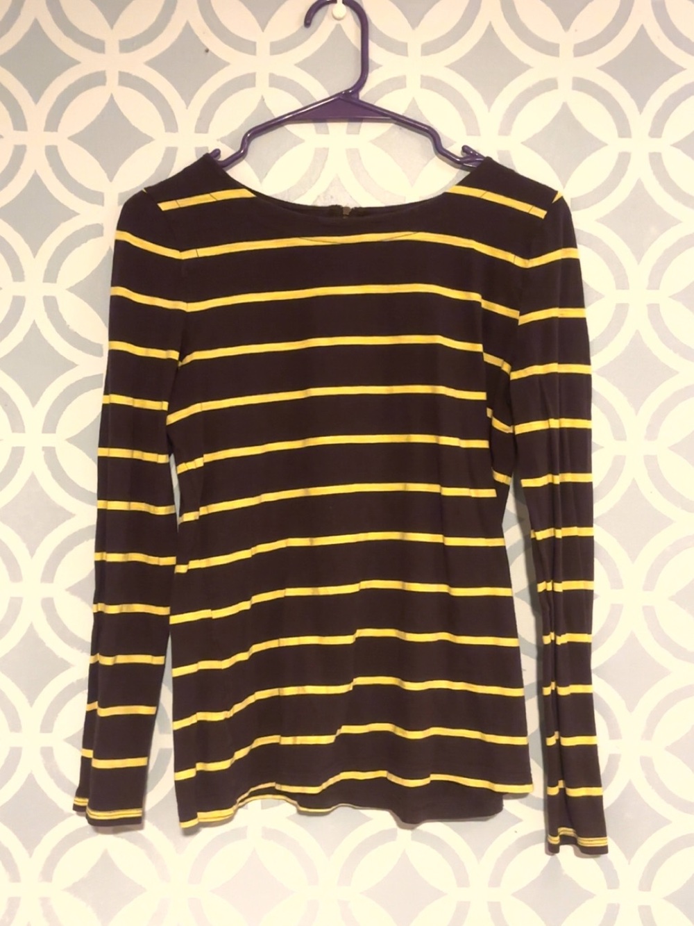 *FLAW* LOFT dark burgundy  and Yellow Striped Long-Sleeve Tee